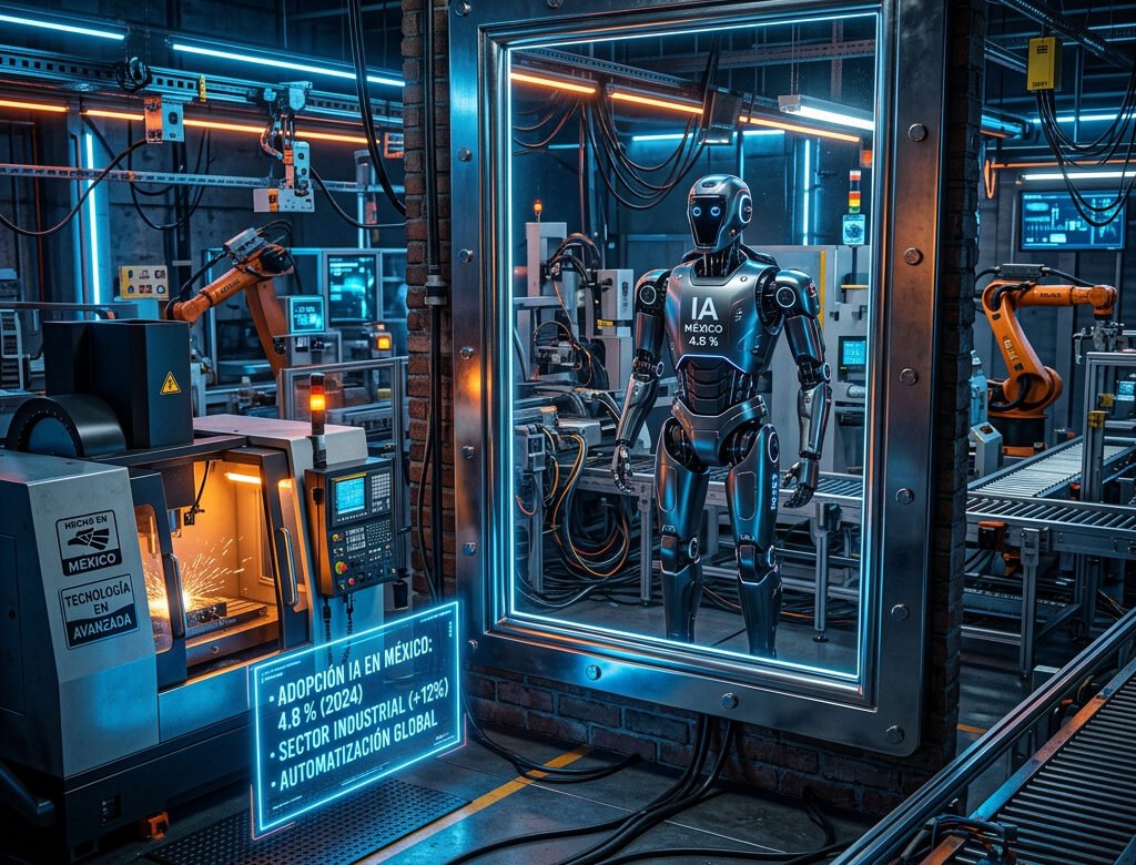  Robot avanzado se mira en el espejo, IA mexicana impulsa adopción en la manufactura, futuro de la industria