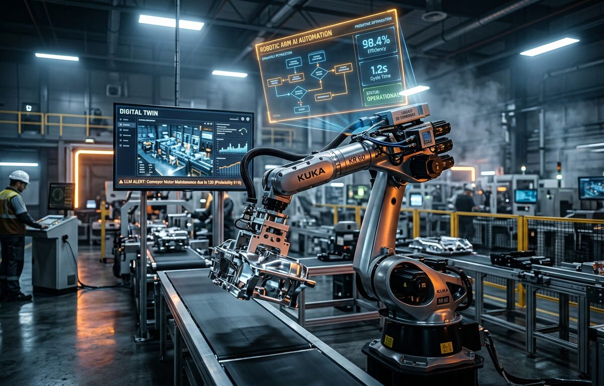  Brazo robótico IA automatización en fábricas, producción eficiente y digital twins